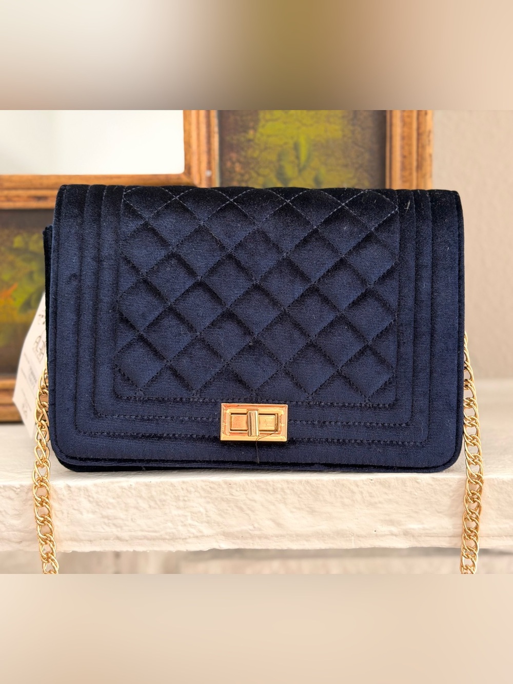 Alfa Bags Navy Velvet Quilted Gold Chain Crossbody Shoulder Bag NWT